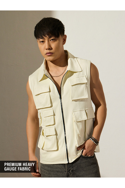 Men Cream Utility Vest with Pockets
