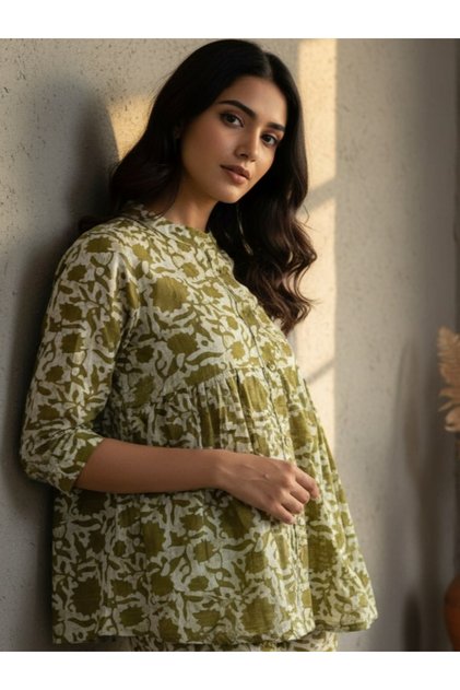 Olive Green Printed Mandarin Collar Co-ord Set