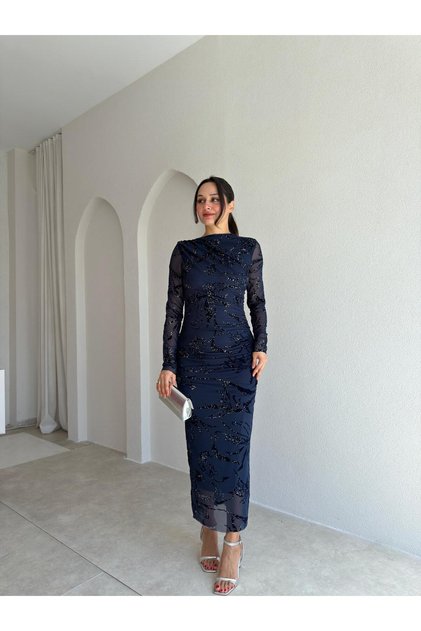 Rochie midi TARES cu detalii din paiete 4110 - Bleumarin