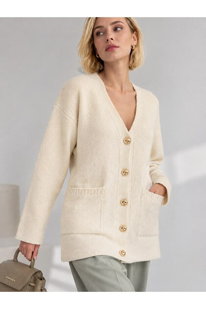 Women's V-Neck Wool Blend Double Pocket Comfortable Fit Gold Button Knitwear Cardigan 8755