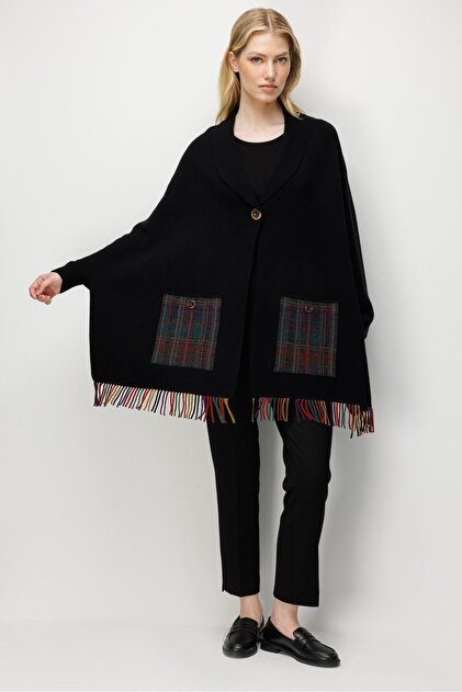 Women's Shawl Collar Pocketed Wool Poncho with Tassels at the Hem Black