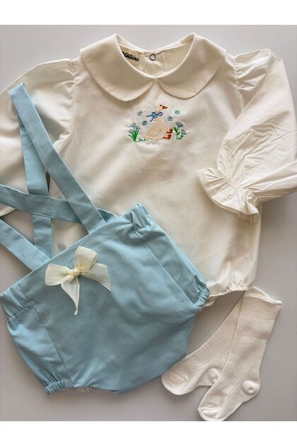 Handmade 100% Cotton Fabric Cute Duck Embroidered Romper Set