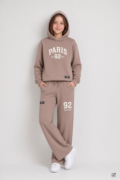 Brown Girls' Text Printed Stopper Long Pants Tracksuit Set 24720