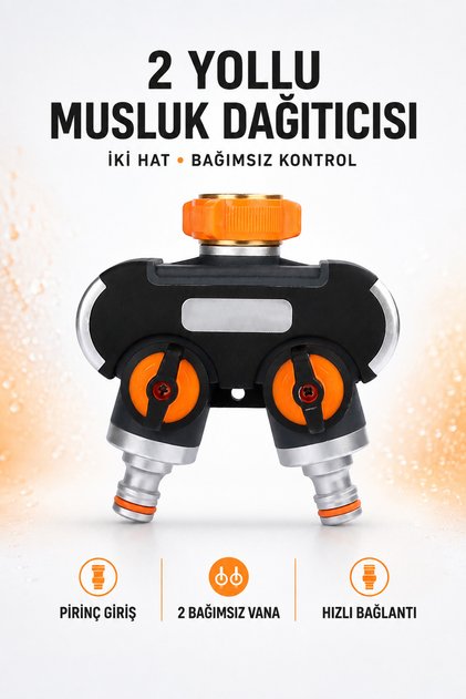 2 Yollu Bahçe Musluk Dağıtıcısı Pirinç Girişli Bağımsız Vanalı Hortum Ayırıcı KON-01