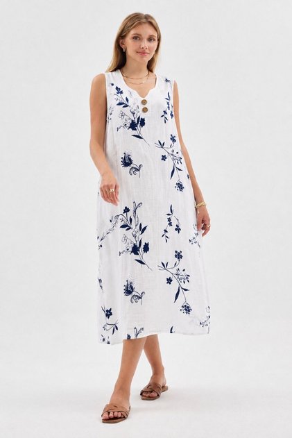 Women's Dress-Muslin Sleeveless V-Neck Dress-3155-Flower Branch Pattern