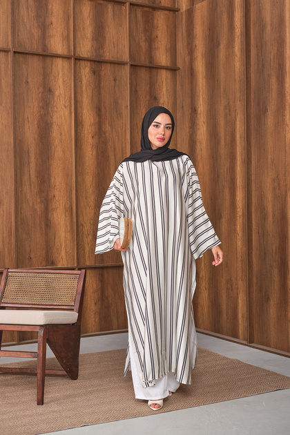 Women's Asymmetrical Cut Double Striped Long Tunic Cream