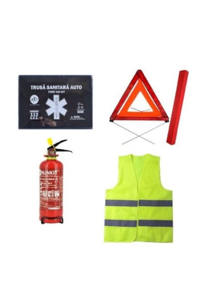 Kit de siguranță auto obligatoriu conform Codului Rutier - 1 x Extinctor cu pulbere, 1 x Triunghi reflectorizant, 1 x Trusă medicală, 1 x Vestă reflectorizantă + Geantă de depozitare GRATUITĂ