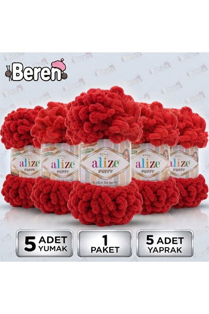 Puff - 56 Red - 5-Pack X 100Gr / 9 Meters / Finger Knitting Yarn / Blanket, Shawl, Hat, Beanie, Pillowcase, Mat
