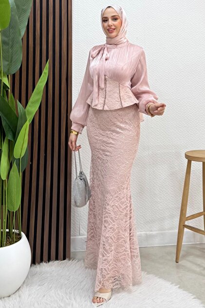 Flarlı Balık Abiye Soft Pembe