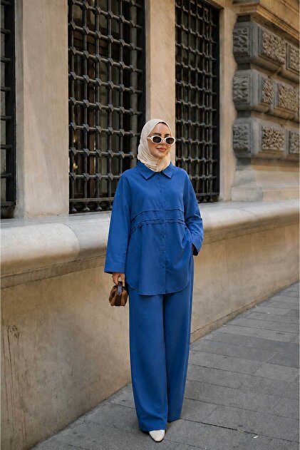 Women's Layered Piece Detail Shirt Suit Blue