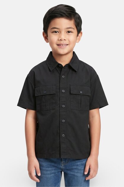 Kids Boy Gingham Pattern Short Sleeve Shirt, Black