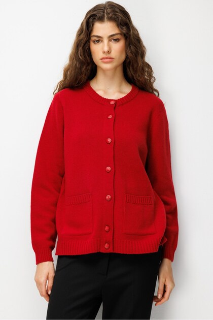 Women's Crew Neck Buttoned Pocket Basic Short Wool Jacket Red