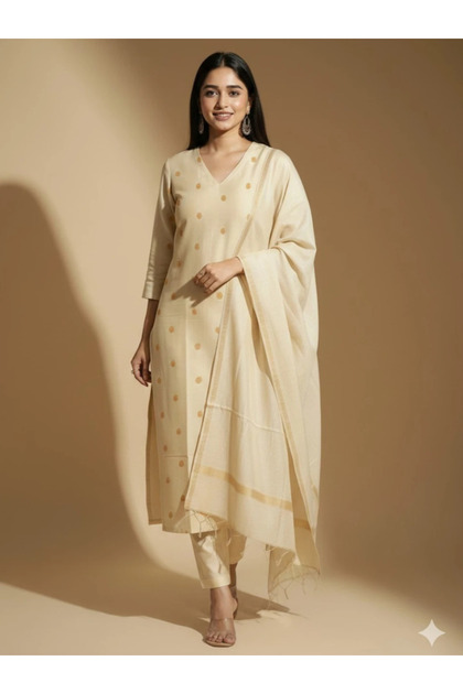 Cream V-Neck Straight Kurta Trouser Set - AMZ2018 | Cream-Size:M-38-Inches