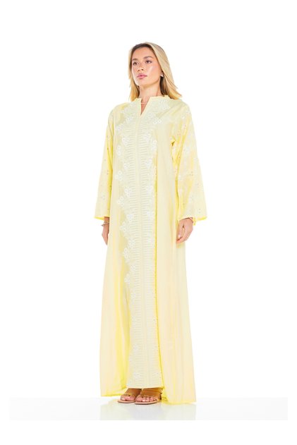 Yellow A-Line Maxi Jalabiya with Intricate Embroidery