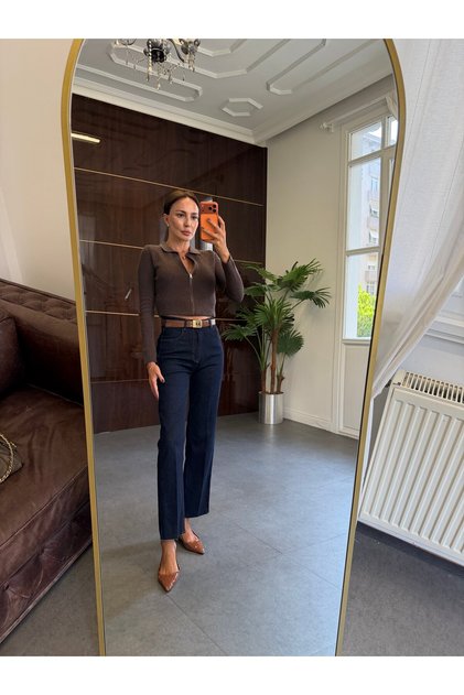Lacivert Çizgi Ütü Straight Jean Pantolon