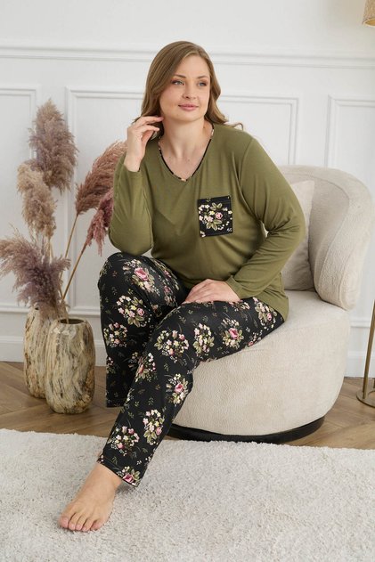 Haki Ring Viskon Uzun Kol Büyük Beden Pijama Takım