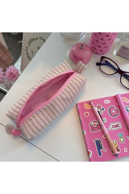 Pink Beige Striped Pen Holder | Large Volume Makeup Bag & Organizer