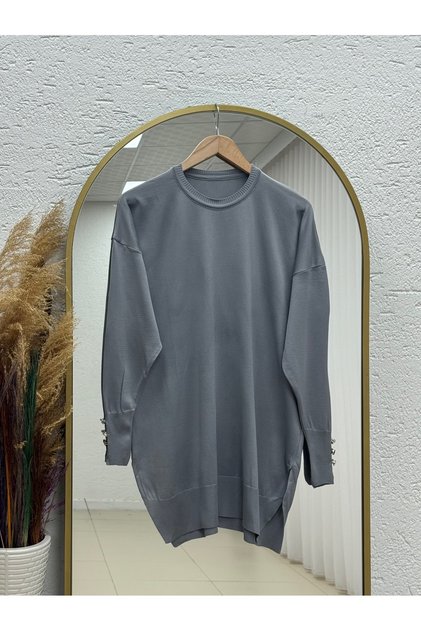 Sabisu Cold Thread Tunic with Buttoned Sleeves and Slits-Sy3310 Gray