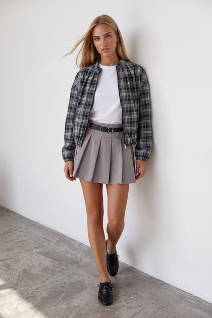 Women's Black Plaid Patterned Zippered Lined Oversize Jacket Alc-X15623