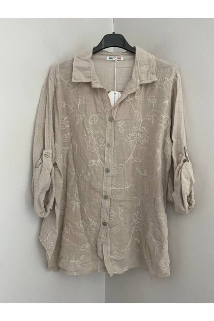 Women's Italian Ivy Leaf Embossed Patterned Foldable 3/4 Sleeve 100% Cotton Shirt Blouse