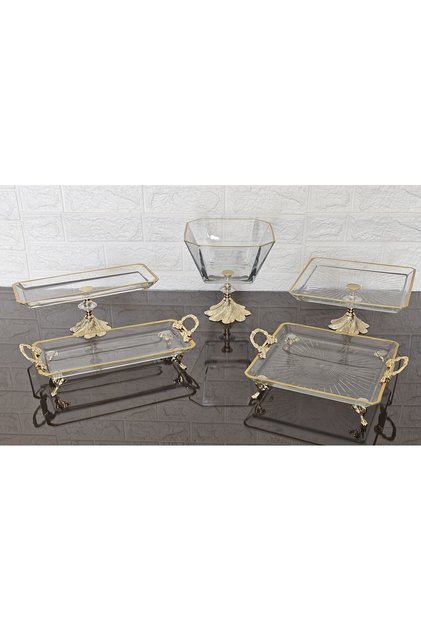 5 Piece Gold Samarkand Footed and Handled Presentation Bowl & Dowry Set | Cake-Cookie-Dessert-Serving Plate-Bowl