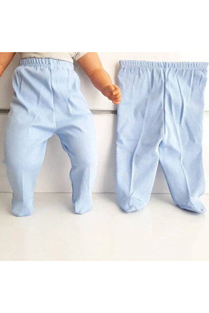 Blue Single Bottom Baby Combed Cotton Trousers with Booties