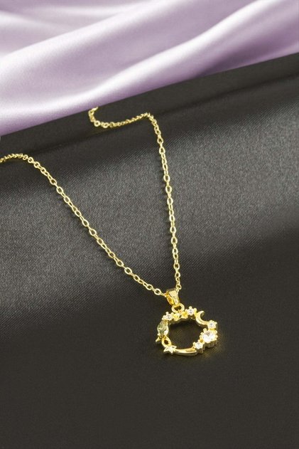 Crescent Star Zircon Stone Steel Necklace