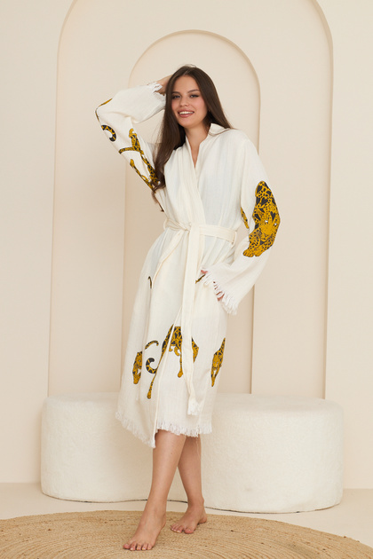 Curve Tiger Patterned Muslin Kimono Robe, 3 Layer Bamboo Crepe Muslin, Printed, S-5Xl Plus Size Custom Size Option