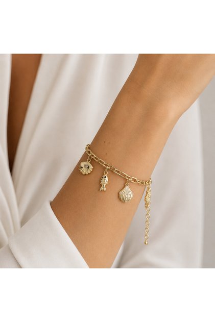 Çoklu Yaz Motifli 14K Gold Charm Bileklik