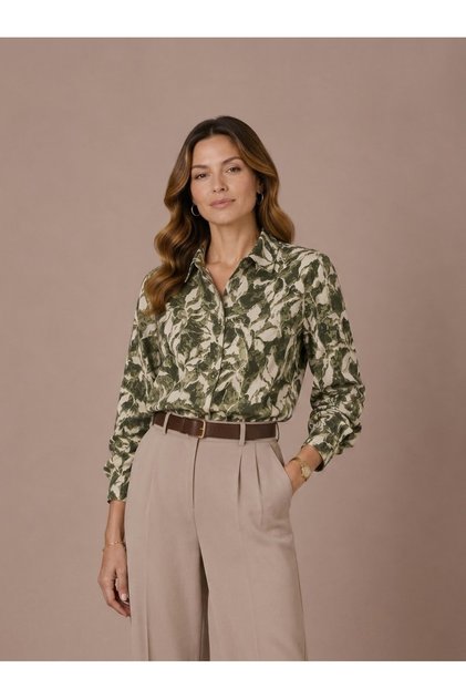 Women's Khaki Viscose Patterned Long Sleeve Buttoned Colored Shirt
