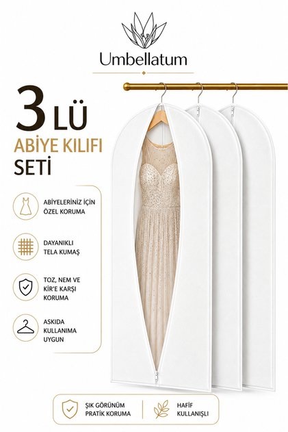 Abiye Elbise Kılıfı Gamboç Beyaz 3'lü Set 60x160 cm Saklama Dolap İçi Düzenleyici Organizer Hurç