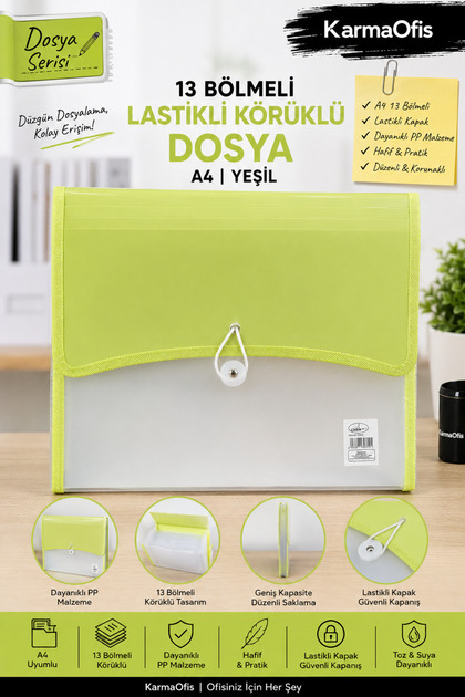 A4 13-Compartment Elastic Bellows File |   Document Organizer Multi-Compartment File – Green Color Option