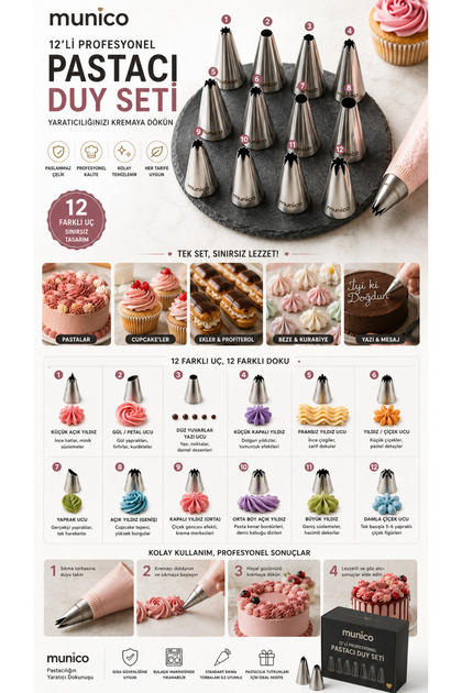 Çok Amaçlı 12'li Duy Seti Cupcake Pasta Kurabiye Süsleme Profesyonel Pastacılık Malzemesi