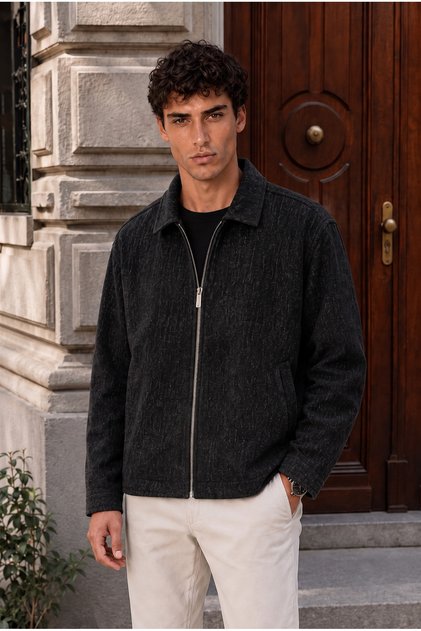 Tivano Chenille Gabardine Men's Jacket with Polo Collar and Zipper - Black