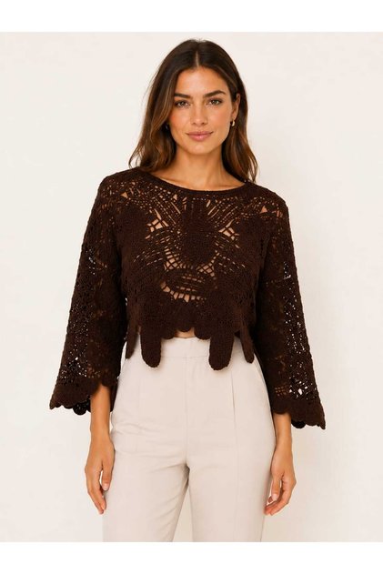 Asez Boutique Women's Floral Detailed Openwork Knitted Transparent Lace Knitwear Blouse