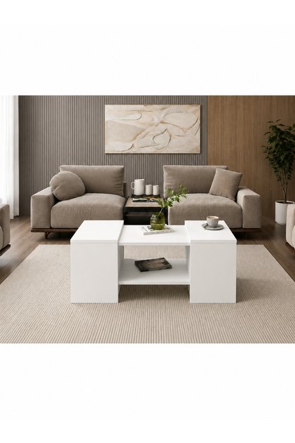 %100 MDF 3'lü Zigon Sehpa Takımı, Beyaz, Modern Orta Sehpa, Salon ve Yan Sehpa Seti