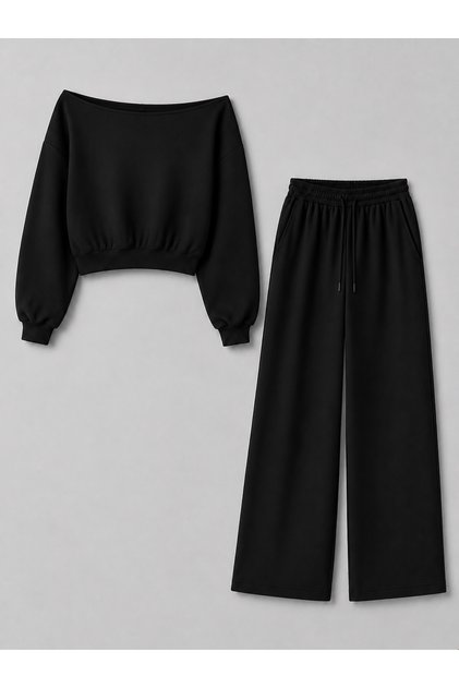 Kadın Siyah Basic Oversize Kayık Yaka %100 Pamuk Alt - Üst Eşofman Takımı