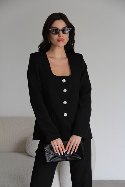 Açık Yaka Taş Düğmeli Vatkalı Siyah Blazer Ceket