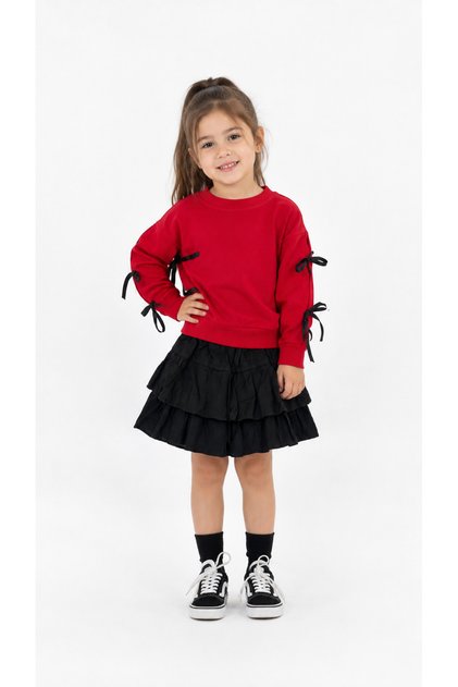 Girl's Red Bowknot Detailed Sweatshirt and Black Ruffle Skirt 2-Piece Set 3-7 Years Old