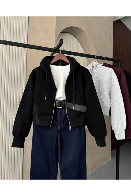 Kapüşonlu Fermuarlı Crop Siyah Sweatshirt