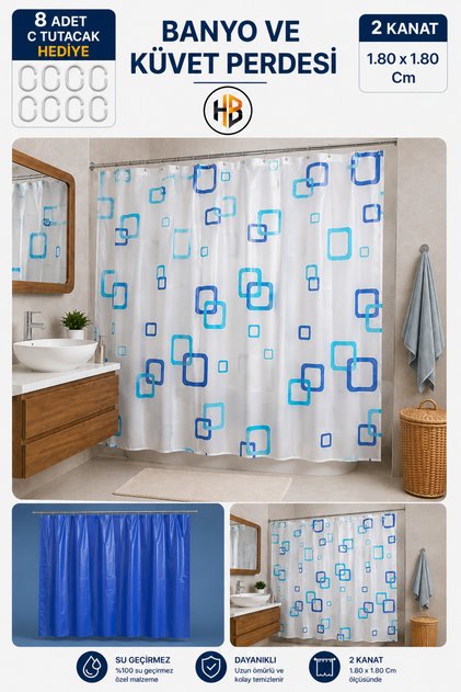 Banyo Küvet Perdesi 1.80×1.80 Cm 2 Kanat 8 adet C Hediyeli Küvet Banyo Perdesi