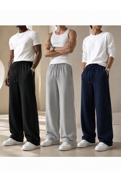 3-Piece Men's Wide-Leg Sweatpants Black Gray Navy Blue – Comfortable Fit, Pockets, Elastic and Lace-Up Waist
