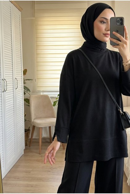 Women's Black Crew Neck Tunic with Side Slits, Modal Fabric, 75 cm