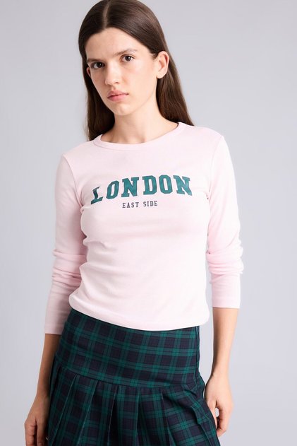 Fitted Crew Neck Printed Ribbed Long Sleeve T-Shirt I6389Ax26Au