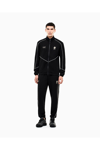 Men's Viscose Blended Stand Collar Regular Cut Black Tracksuit Set with Logo Detail