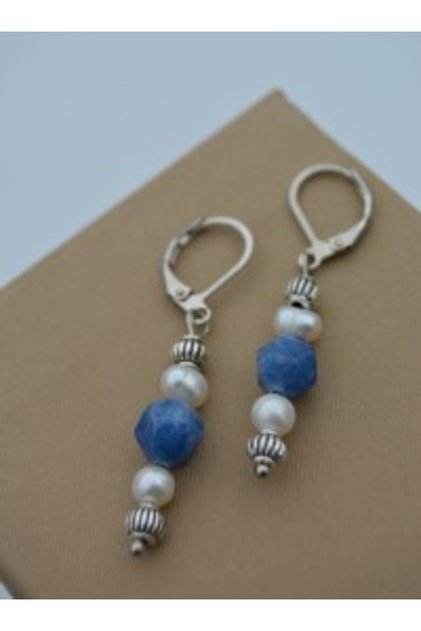 Blue Quartz and Cultured Pearl Earrings - Multicolor -