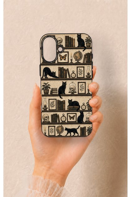 iPhone 16 Plus Compatible Vintage Black Cat Pattern Silicone Case