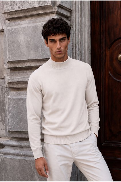 Belmando Half Turtleneck Plain Knitted Thin Men's Sweater - Stone