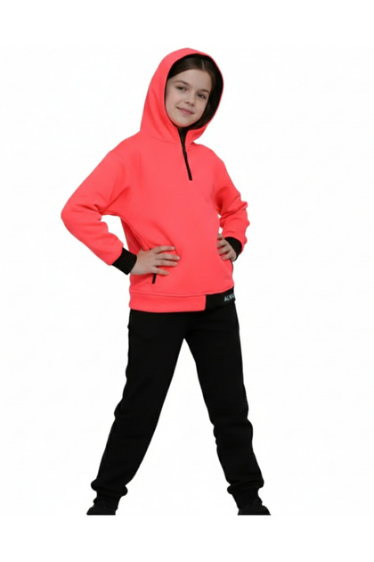 Girl's Neon Pink Sweatshirt & Black Leggings Top-Down Combination Set