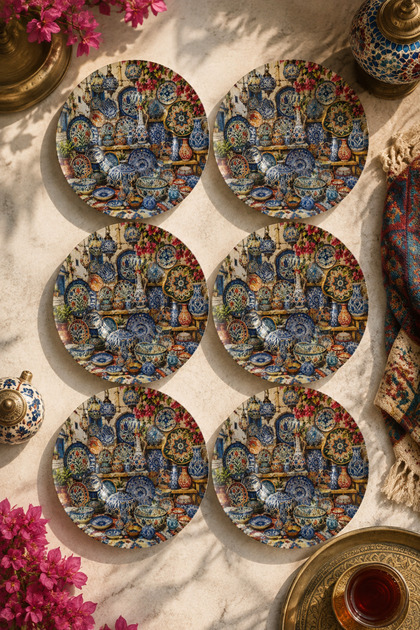 Set of 6 Glass Tea Plates - Traditional Tile and Ceramic Patterned 12 cm - 6 Tea Plates